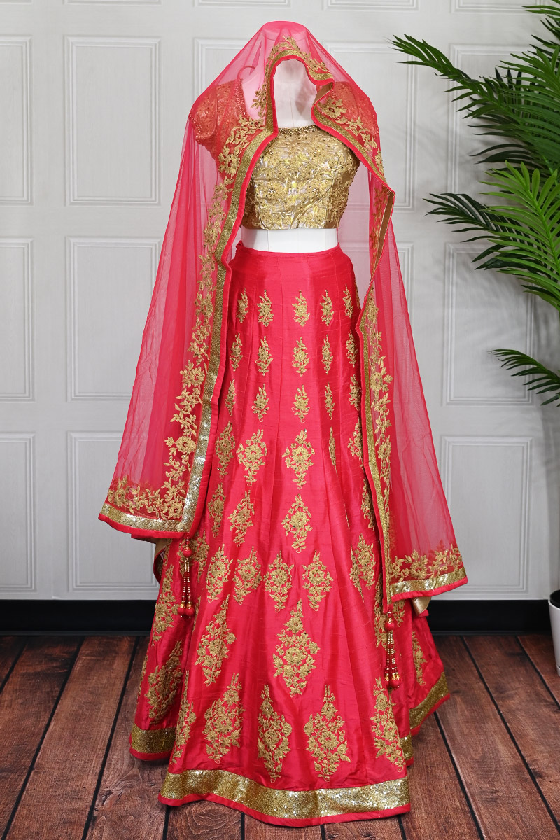Gold Blouse, Pink Lehanga & Dupatta