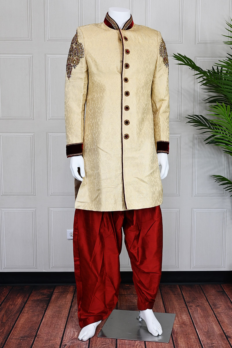 Gold Sherwani with Marron Border