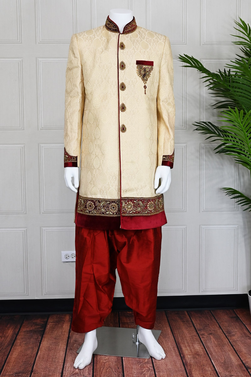 Gold Sherwani with Marron Border