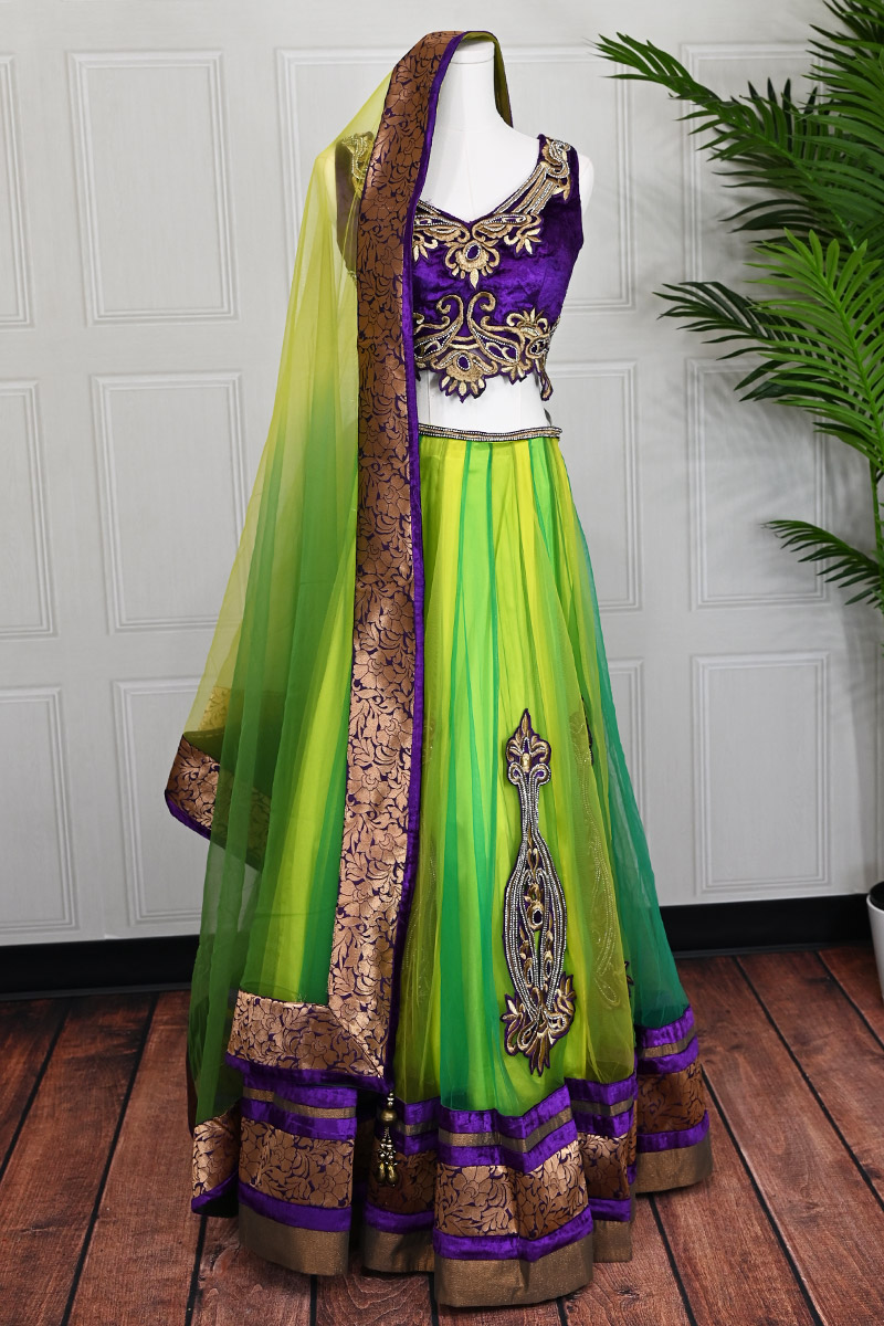 Neon Green and Lime Yellow Lehenga with Purple Blouse