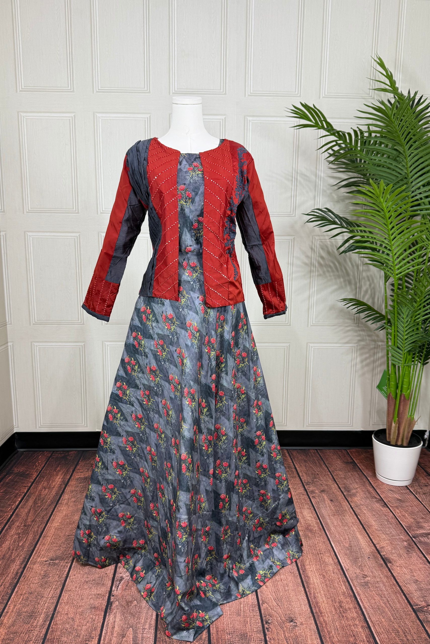Printed Satin Silk Gown with Jacket