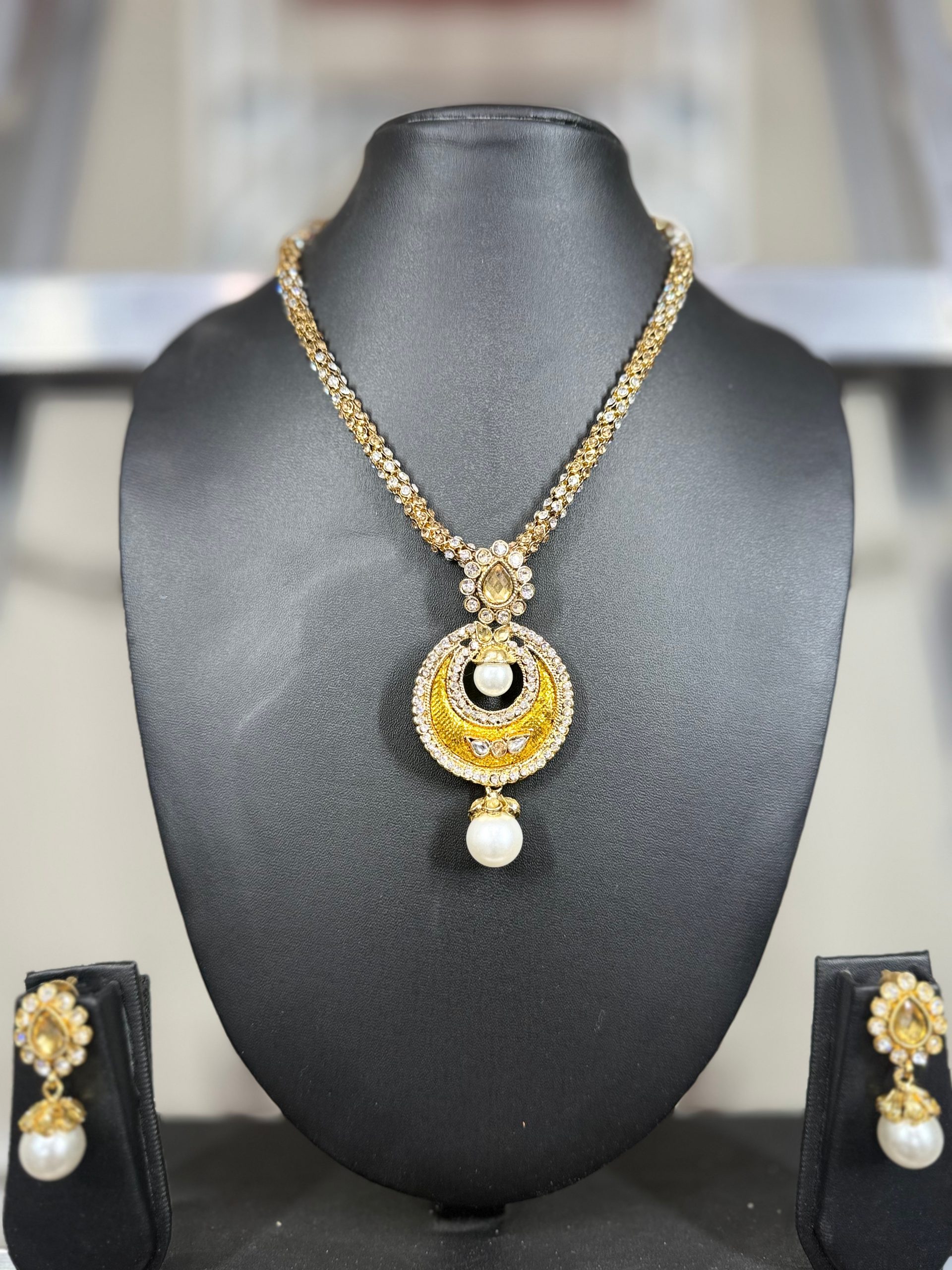 Yellow Metal Plated Pearl Drop Set