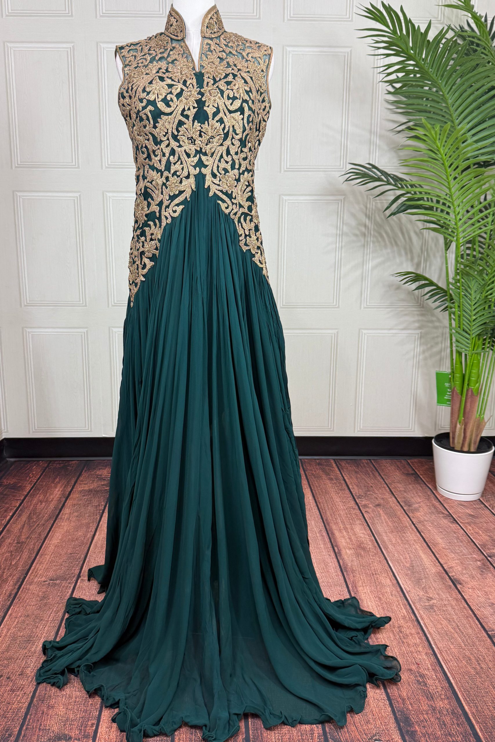 Bottle Green Gown with Gold Embroidered Bodice