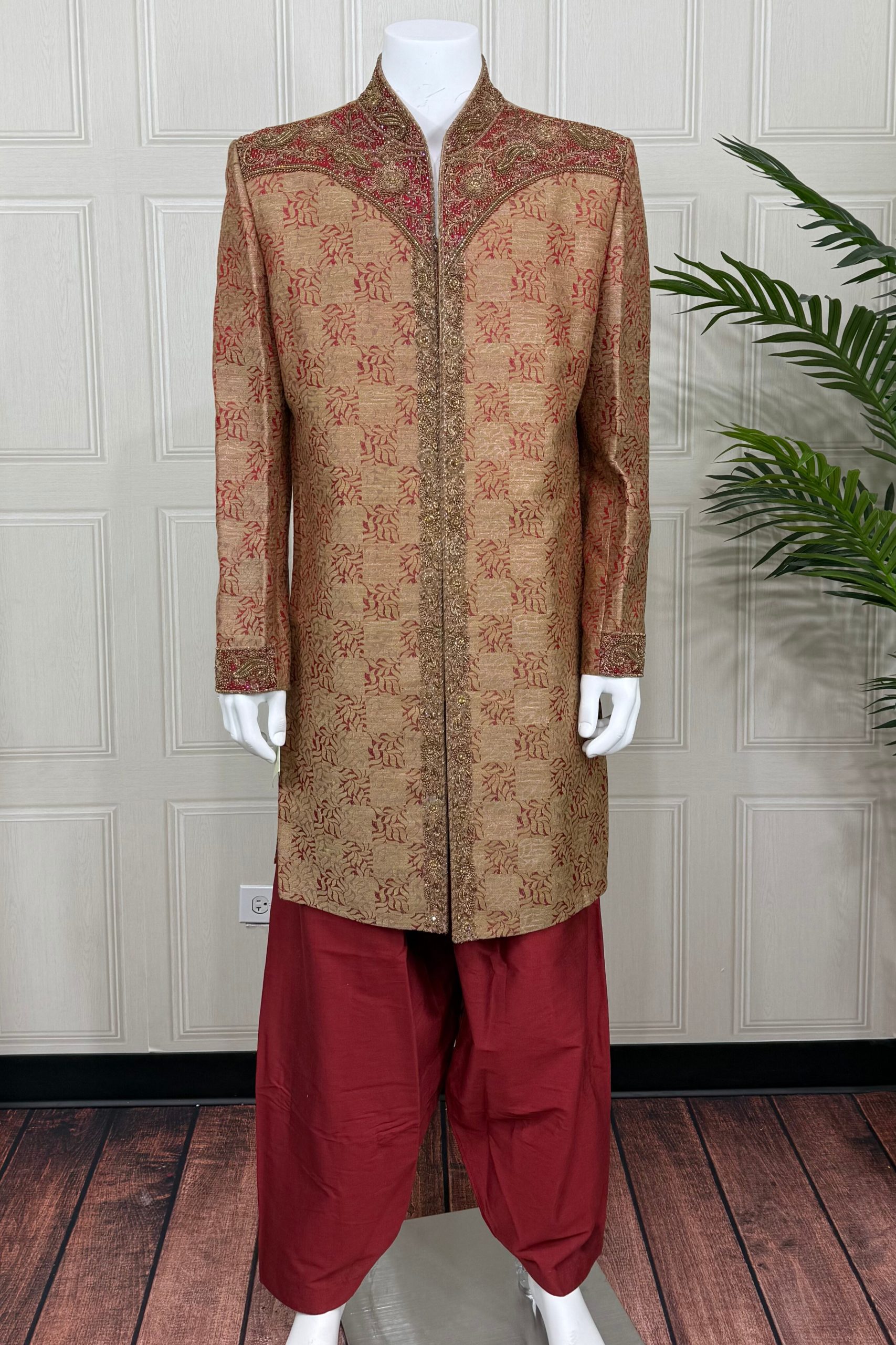 Classic Gold Brocade Sherwani with Red Dhoti Pants - Image 2